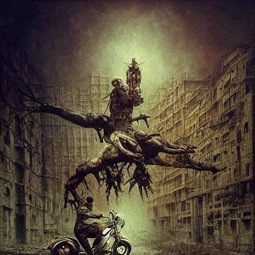 Image similar to epic wizard riding motorcycle through zombie infested apocalyptic city, highly detailed beksinski art