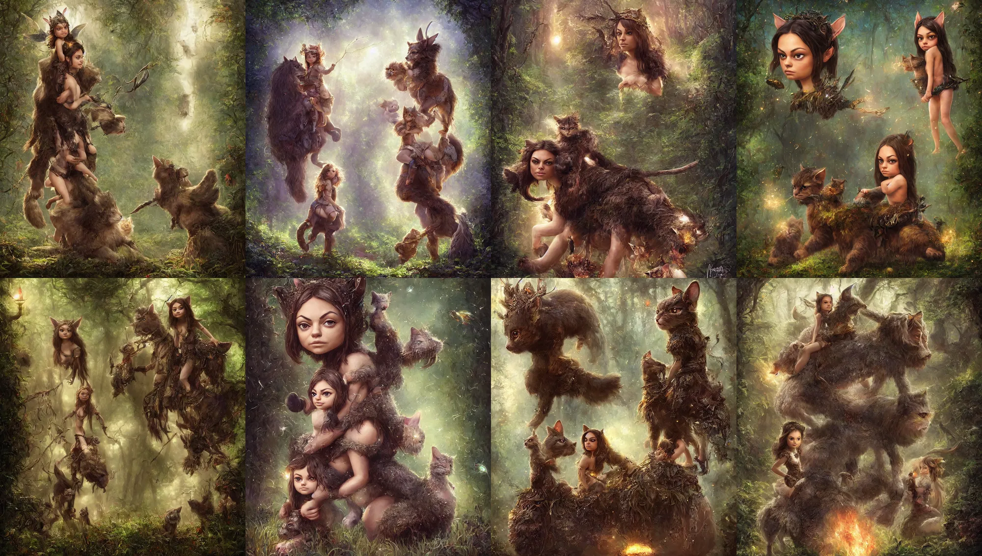 Image similar to portrait of wondrous little mila kunis mounted on a large fluffy cat warrior through mystical mythical elven forest, fireflies, electricity, wlop, steve argyle, ilya kuvshinov, ralph horsley, rossdraw, mark ryden, daniel f. gerhartz, sophie anderson, lilia alvarado, tom chambers