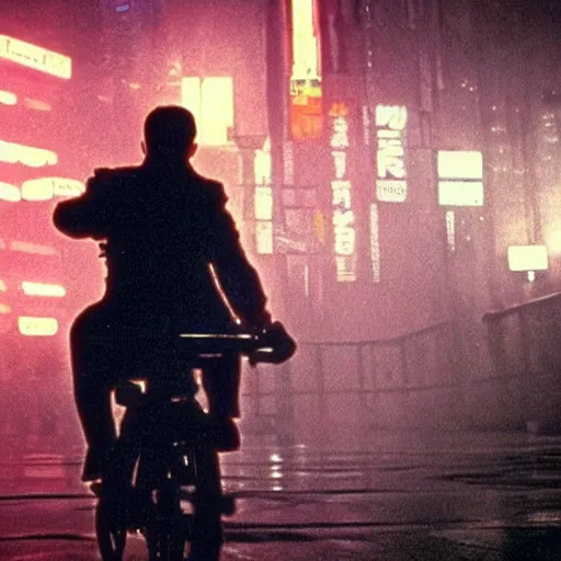 Image similar to action shot of Deckard from Blade Runner (1982) riding a bicycle neon cityscape cyberpunk rain night crowded streets