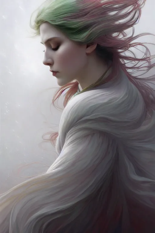 Image similar to portrait of white ghost, dark fantasy, gradient white red grey, dreamy and ethereal, green eyes, golden ratio, peaceful expression, lace, fantasy, intricate, elegant, stormy sky, highly detailed, digital painting, artstation, concept art, smooth, b sharp focus, illustration, art by artgerm and greg rutkowski and alphonse mucha