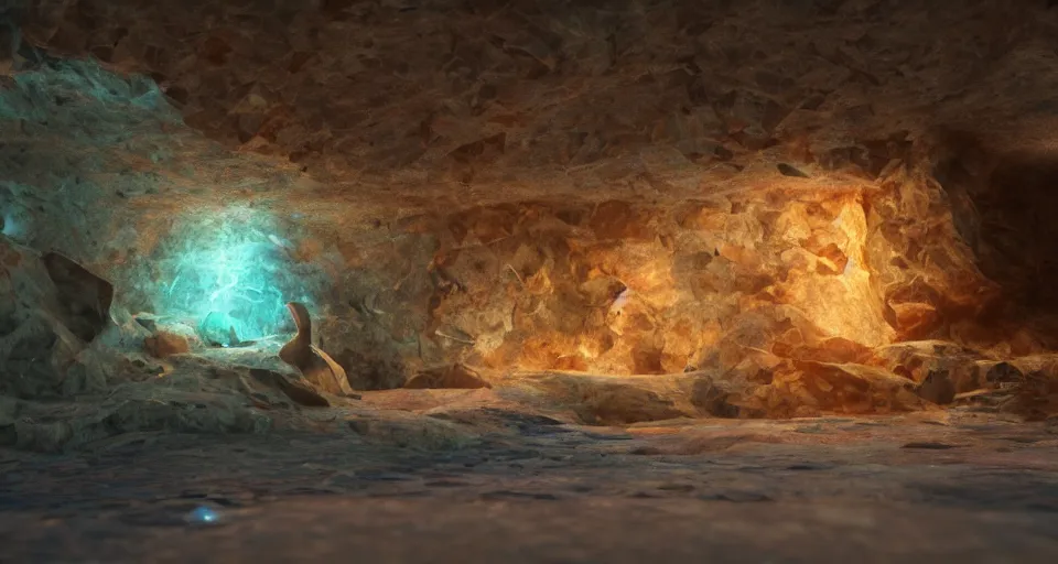 Image similar to gemstone in cave with light inside, colorful, refraction, acoustic , highly detailed, 8k post-processing highly detailed, rendered by octane engine