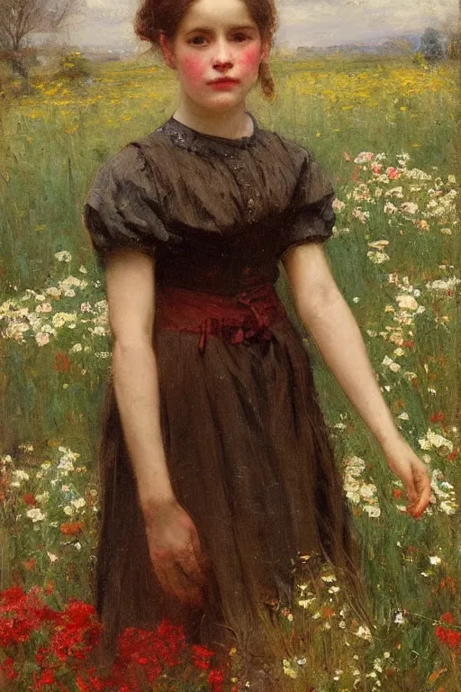 Image similar to Solomon Joseph Solomon and Richard Schmid and Jeremy Lipking victorian genre painting portrait painting of a young cottagecore girl in an open field of flowers, red background