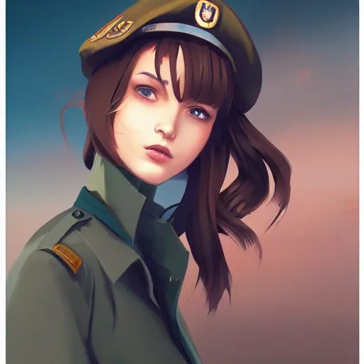 Image similar to young woman with shoulder length light brown hair and hazel eyes dressed in a sharp dark teal military uniform and beret, blurred city background in twilight lighting, ilya kuvshinov, anime, greg rutkowski, guweiz, ross tran, artstation trending, artgerm, concept art, digital painting, painterly