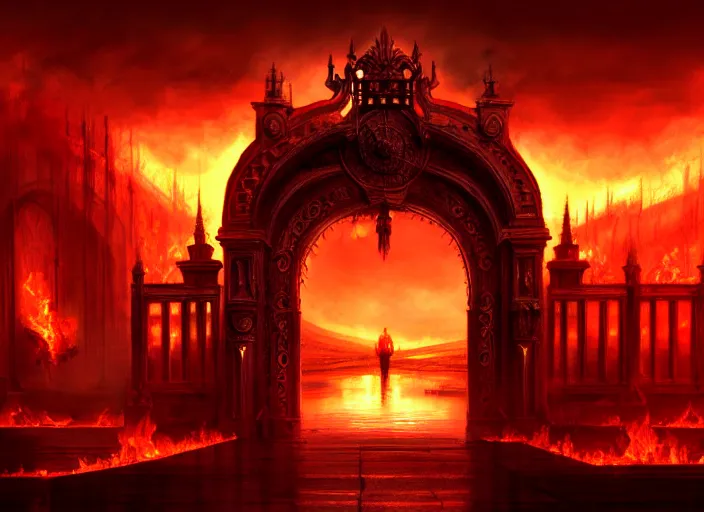 Image similar to huge gate, environment, illustration, fire, smoky, red, colors, epic scene, symmetrical, golden raito, high quality, intricate details, details, intricate, atmosphere, highly detailed, matte painting, cinematic, deviantart, realistic, concept art, 4 k