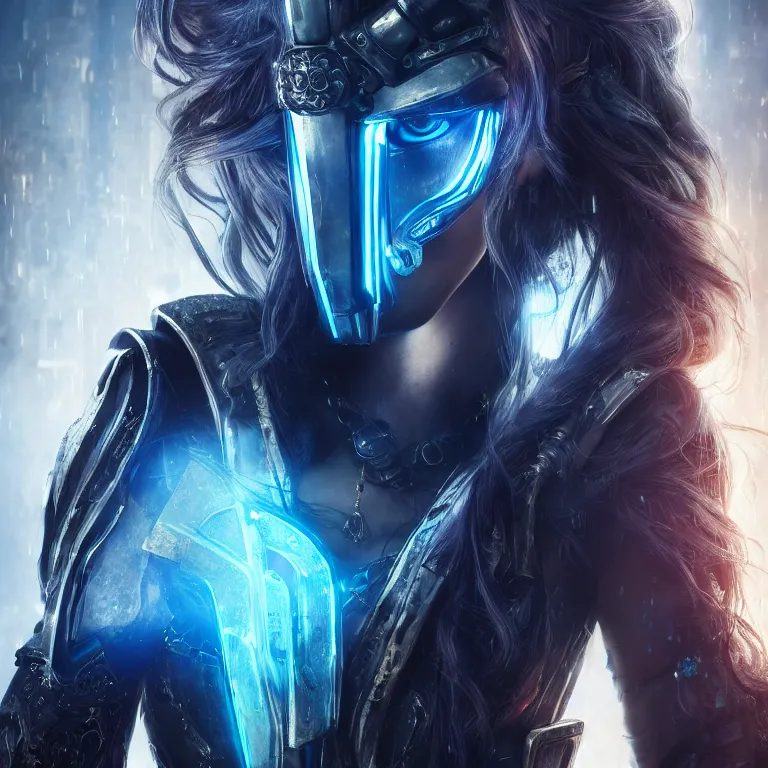 Prompt: beautiful cinematic poster, a cyberpunk female wearing an armored mask and ornate silver pirate hat, brilliant blue flowing hair, beautiful glowing eyes, wideshot ultrawide angle epic scale, hybrid from the elden ring and art direction by darius zawadzki, wayne reynolds artstation ; cinematic quality character render ; low angle ; ultra high quality model, quality cinema model