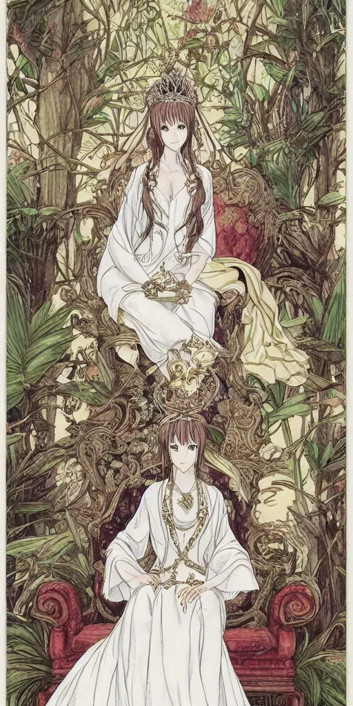 Image similar to an highly detailed magical empress sitting by herself on a sofa in a forest wearing a white robe drawn by cloverworks studio, excellent line work ,elegant and beautiful, tarot card, Tarot card the empress