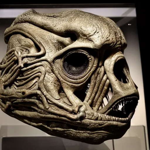 Image similar to alien fossil from another planet on display at a museum