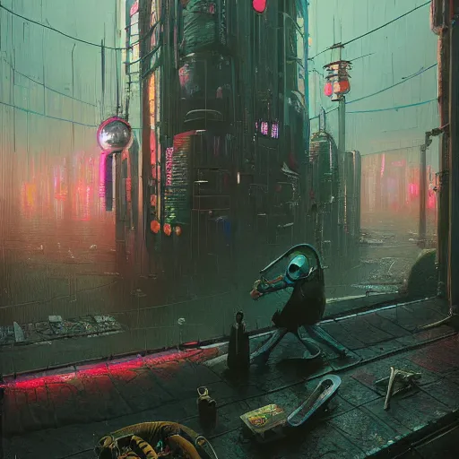 Image similar to A beautiful painting of cyberpunk beholder by Paul Gustav Fischer and Simon Stålenhag and John Atkinson Grimshaw, character concept art, matte painting, heavy metal magazine, trending on artstation. dynamic lighting, raytracing, unreal engine