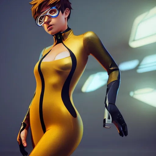 Image similar to tracer in a skintight dress, octane render, rendered in octane, highly detailed, unreal engine 5, rendered by octane engine, cgsociety, trending on artstation, cinematic lightning, volumetric lightning, highly detailed - s 1 5 0