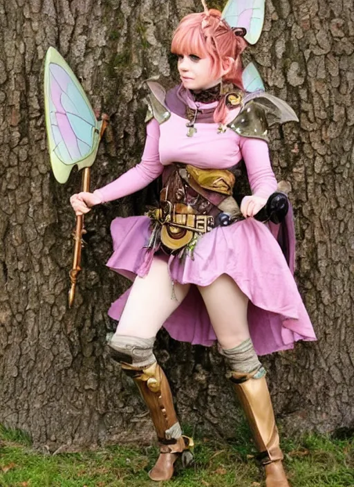 Image similar to Brown hair pink eye female faerie paladin planeteer + Tinkerbell +pixie hollow + steampunk + full dress + sparked and a full plate armor + D&D + full body