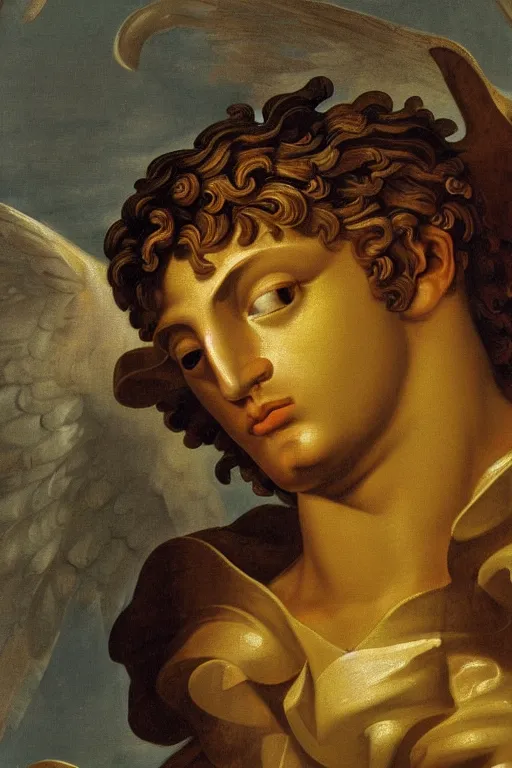 Prompt: archangel Michael, face, closeup, ultra detailed, roman clothing, fog, Guido Reni style