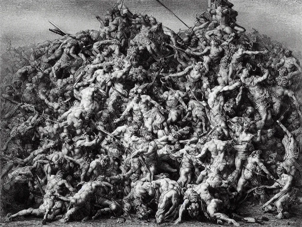 Image similar to burial mound of the Persian tyrant. The last fight of the Triasic. Painting by Gustave Dore, Pontormo