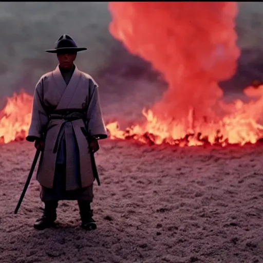 Image similar to cinematic film still Pharrell Williams starring as a Samurai that is on fire, Japanese CGI, VFX, 2003, 40mm lens, shallow depth of field,film photography