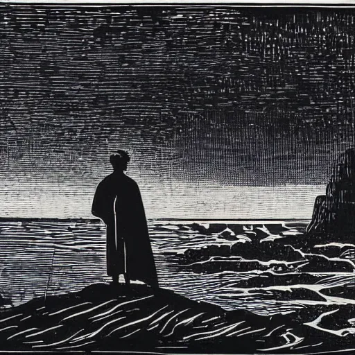 Image similar to Wanderer above the Sea by Caspar David Friedrich as a black and white Linocut