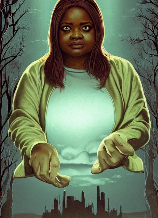 Image similar to psychological thriller I Only Have Eyes For You poster artwork the by Michael Whelan and James Jean, of Octavia Spencer has mysterious man's voice in her head telling her what to do, psychological thriller romance from scene from Twin Peaks, clean, beautifully rendered shaded but simple illustration, nostalgic, domestic, full of details