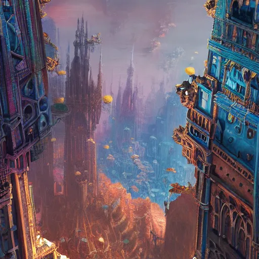 Image similar to a beauitful painting of a gilded gothic city made of bismuth and intricately detailed 3D mandelbulb motherboard brilliantly colored, reflective, panorama detailed matte painting by Henriette Grinda and Sparth and Jeff Simpson and beeple and Andy Grey, unreal engine, trending on behance, featured on artstation