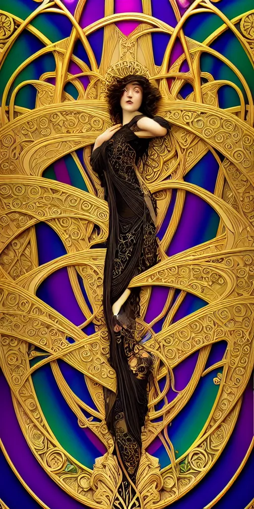 Image similar to the source of future growth dramatic, elaborate emotive Art Nouveau styles to emphasise beauty as a transcendental, seamless pattern, symmetrical, large motifs, 8k image, supersharp, medallions, iridescent black and rainbow colors with gold accents, perfect symmetry, pearlescent, High Definition, sci-fi, Octane render in Maya and Houdini, light, shadows, reflections, photorealistic, masterpiece, smooth gradients, high contrast, 3D, no blur, sharp focus, photorealistic, insanely detailed and intricate, cinematic lighting, Octane render, epic scene, 8K