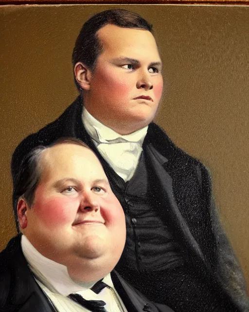 Prompt: official side portrait of united states president tom brady, fat, in a black suit, 1 8 6 8, a character portrait by cassius marcellus coolidge, reddit contest winner, american romanticism, oil on canvas, detailed painting, creative commons attribution