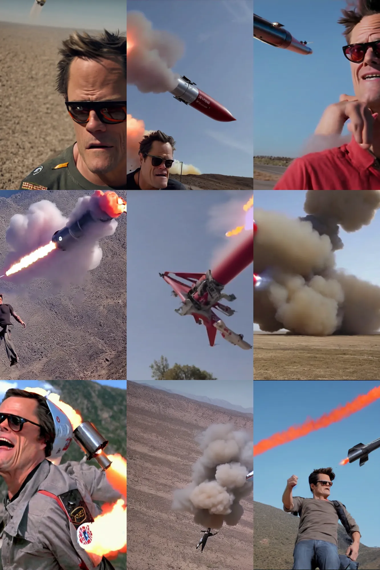 Prompt: johnny knoxville tied to a missile in mid - air, high speed, 4 k, high quality
