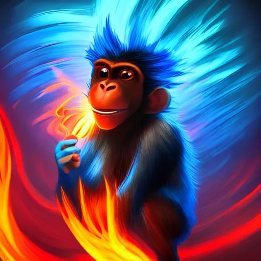 Prompt: monkey with fiery blue and black hair , rim lighting , digital art , artstation , 4k , HD