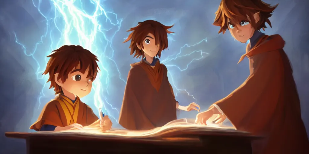 Image similar to a young boy mage with a brown cloak and brown hair is standing at his desk working on a new spell, colorful, flowing energy, light rays, anime boy, boy, consistent face, anime boy face, medium shot, waist up, pixar and disney animation, sharp, concept art, highly detailed, trending on artstation, bloom, dramatic lighting, cinematic