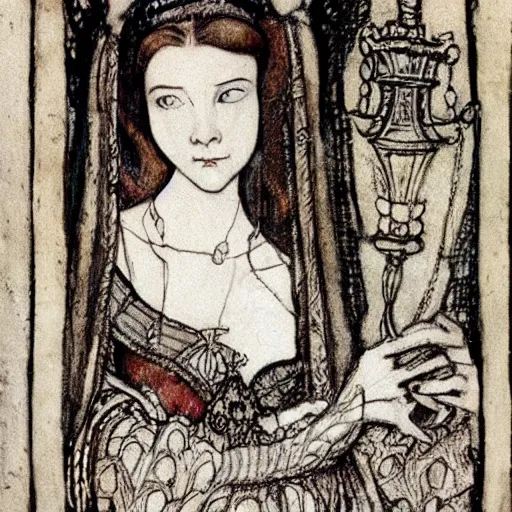 Image similar to Anne Boleyn half-bird half-woman, style of Arthur Rackham, detailed