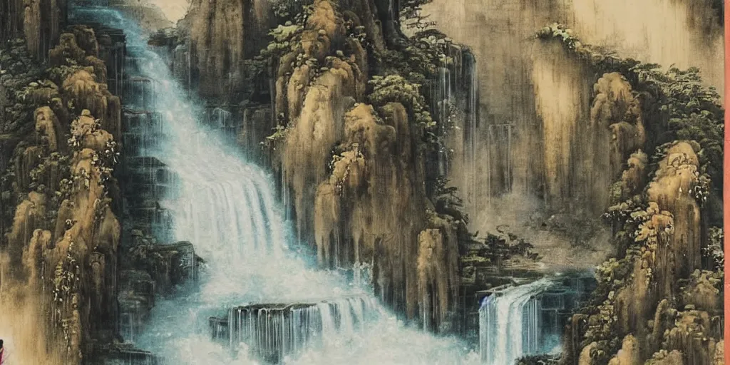 Image similar to “ large ancient gate in the middle of waterfall in chinese watercolor painting, oil painting, masterpiece, aesthetic ”