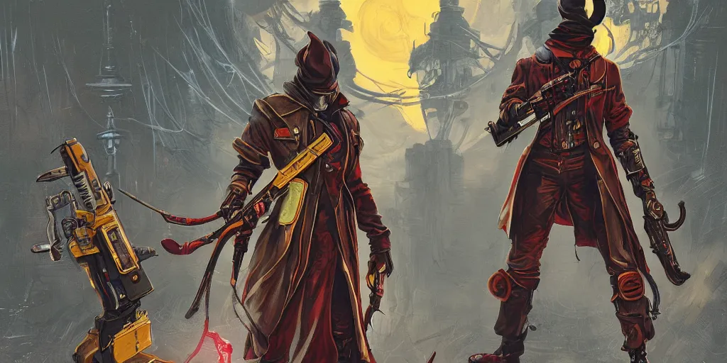 Image similar to a retrofuturism hunter from bloodborne, style by retrofuturism, faded red and yelow, by malcolm smith