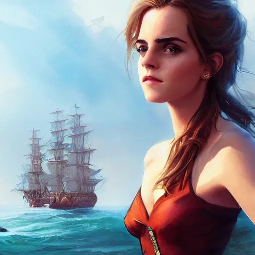 Image similar to sensual emma watson wearing as a captain, looking seductive, pirate ship in background, hyperrealistic, artgerm, greg rutkowski, artstation, highly detailed