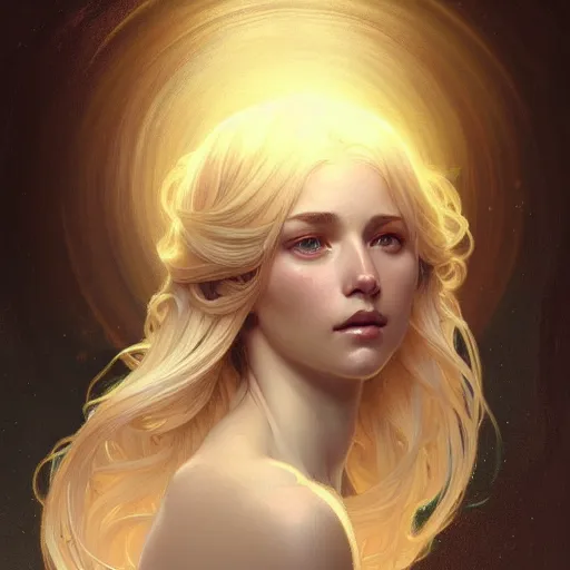 Image similar to A portrait of a blonde girl with a glowing halo surrounded by many delicate feathers, face, intricate, elegant, highly detailed, digital painting, artstation, concept art, smooth, sharp focus, illustration, art by Krenz Cushart and Artem Demura and alphonse mucha