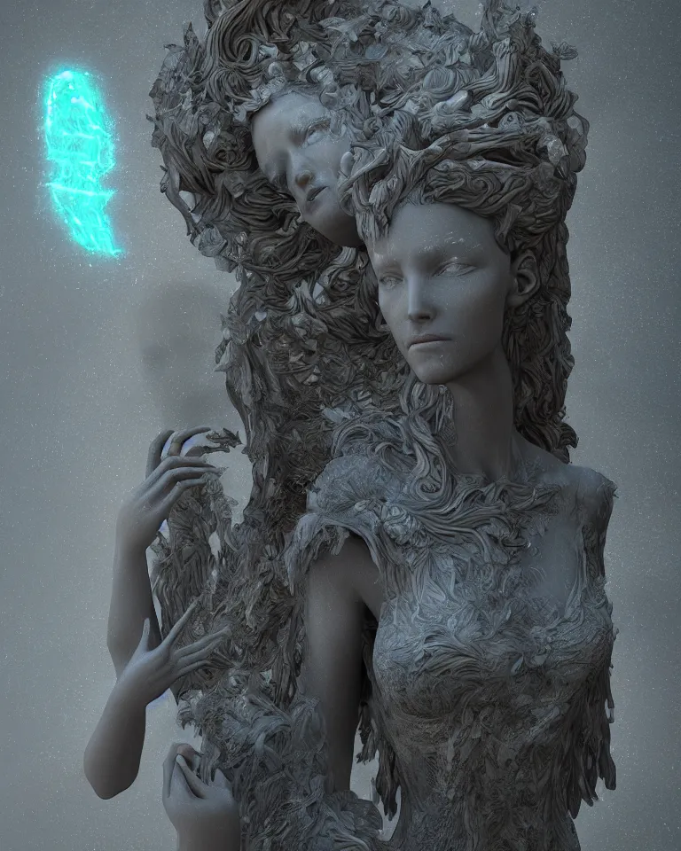 Prompt: a holographic portrait of a gorgeous etherial female gothic cemetery statue breaking apart by Andrew Ferez, metaphysical painting, cosmic horror, octane render, trending on cgsociety, featured on zbrush central, grotesque, digital painting, vanitas, new sculpture, mystical