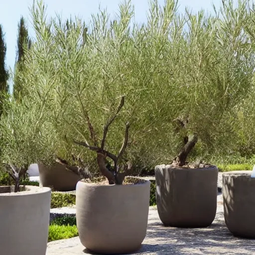 Image similar to large concrete pot on the rooftop, olive trees, comfortable for seating