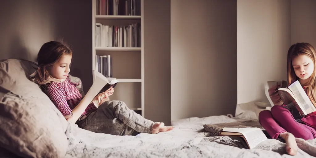 Image similar to girl sitting reading a book in her room, cozy, late afternoon, cinematic