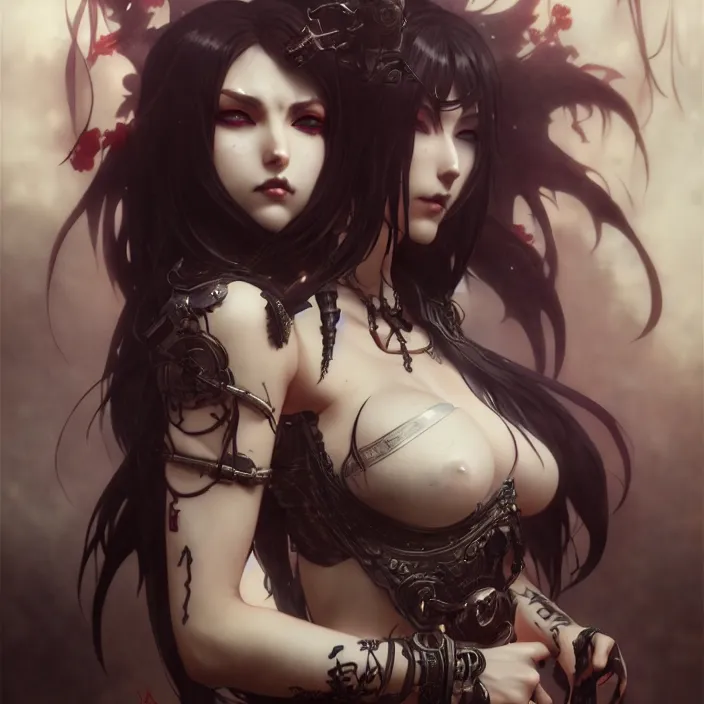 Image similar to anime female, fangs, goth, tattoos, leather, fantasy, intricate details, eerie, highly detailed, octane render, 8 k, art by artgerm and alphonse mucha and greg rutkowski