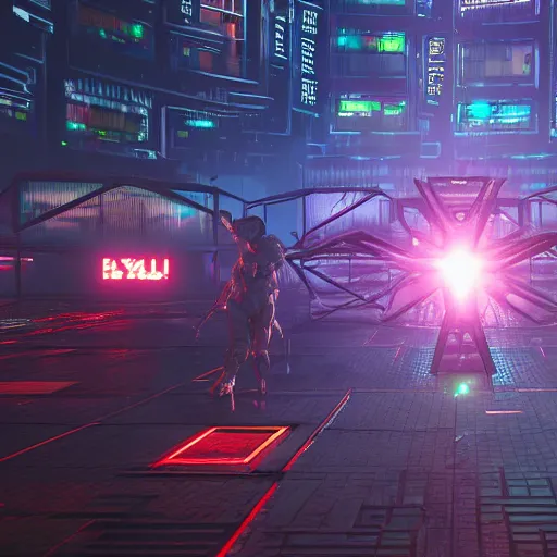 Image similar to cyberpunk lair boss fight, minotaur. cinematic wide shot