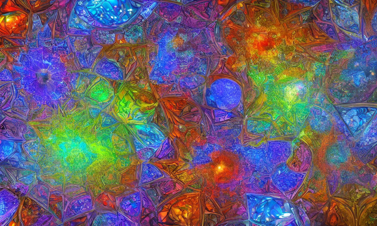 Image similar to voronoi engine laboratory 3 d volume kaleidoscope mandala fractal chakra digital multicolor stylized concept substance liquid nebula stone, a spectacular view cinematic rays of sunlight comic book illustration, by john kirby radiating a glowing aura global illumination ray tracing hdr depth fog overlay multiply photoshop layer