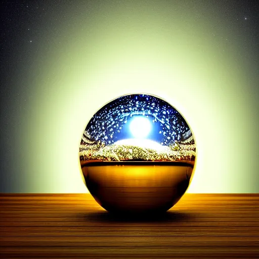 Prompt: A reflective crystal ball sitting on a table, glowing background lights, moody, magic, by Michael Kincade