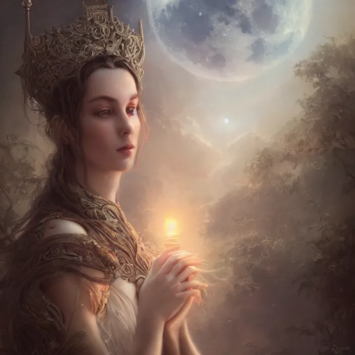 Image similar to ! dream a beautiful digital painting of a princess, princess, the moon behind her, intricate, cinematic lighting, highly detailed, digital painting, concept art, smooth, sharp focus, illustration, art by tom bagshaw, artgerm and greg rutkowski