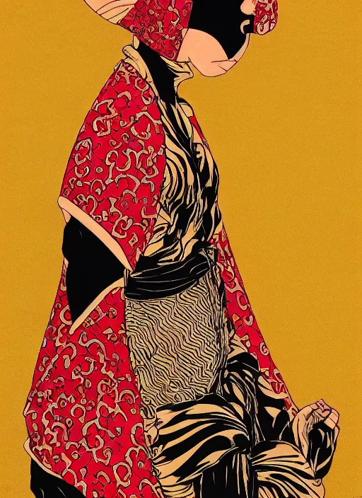 Image similar to portrait of a woman with a mask on his face in the form of a spiral in a golden kimono, full face, against the background of a bright red moon, sad motif, by hisashi eguchi, kentaro miura, and yoshitaka amano, soft colors, futuristic, 8 k