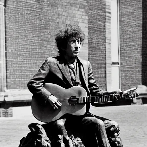 Image similar to bob dylan playing his guitar whilst sitting on a statue of king alfred, photograph