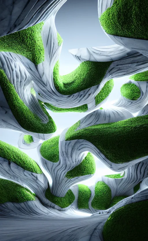 Image similar to highly detailed ultra sharp 3 d render cinematic composition of a smooth ceramic porcelain magnolia stone fluid fractal sci - fi surreal architecture landscape, white marble, magnesium, foliage, archviz, vincent callebaut composition, mamou - mani, beautiful lighting, 8 k, unreal engine, hdr, dof