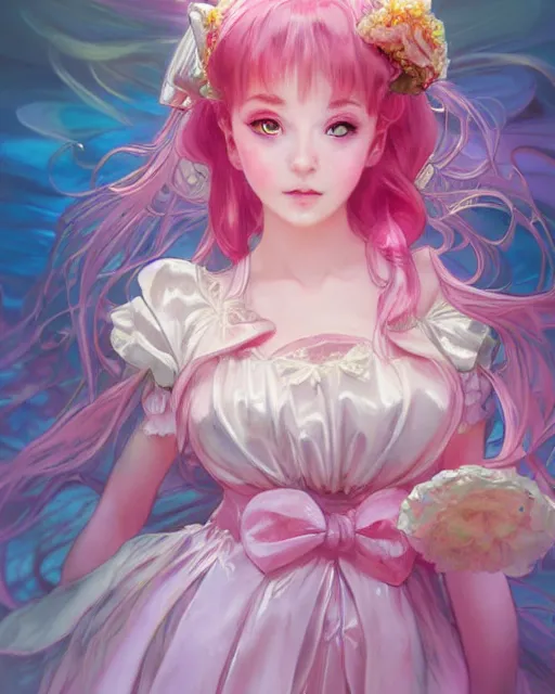 Prompt: portrait of magical lolita girl, dreamy and ethereal, expressive pose, big pink eyes, exciting expression, fantasy, intricate, elegant, many rainbow bubbles, rose tones, highly detailed, anime, artstation, concept art, cyberpunk wearing, smooth, sharp focus, illustration, art by artgerm and greg rutkowskiand alphonse mucha