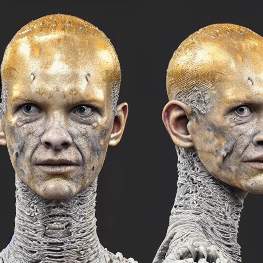 Prompt: photo taken of an epic intricate, ultra detailed, super realistic gritty, wet, lifelike sculpture of an humanoid android creature with bioluminescent patches of skin created by weta workshop, zoomed in shots, subsurface scattering, photorealistic, sharp focus, white wall coloured workshop, cold colour temperature, f 0. 4, face centred, golden ratio,