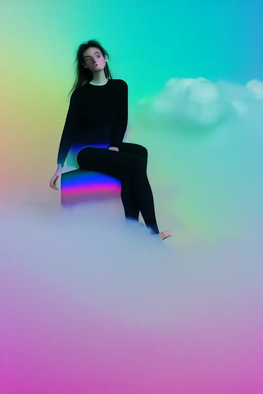 Image similar to high quality pastel coloured film photograph of a model wearing black clothing resting on cloud furniture clouds in a haze filled dreamstate world. three point light, rainbow. photographic production. art directed. pastel colours. volumetric clouds. pastel gradient overlay. waves glitch artefacts. 8 k. filmic.