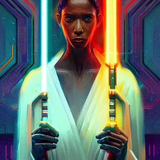 Prompt: symmetry!! a sci-fi portrait, oil painting, colourful!! illustration of a Jedi, colourful, by Justin Sweet and Greg Rutkowski and Alphones Much