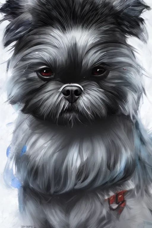 Image similar to An anime portrait of a dark gray shii tzu , by Stanley Artgerm Lau, WLOP, Rossdraws, James Jean, Andrei Riabovitchev, Marc Simonetti, and Sakimichan, tranding on artstation