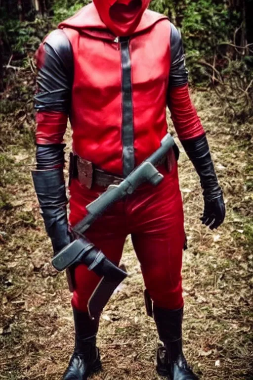 Image similar to red hood cosplay, creepy, disturbing, bloody, darkness