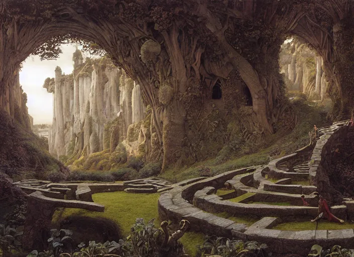 Image similar to jim henson's labyrinth at dawn. the maze of stone corridors is spread out over the hills surrounding the goblin king's castle by edgar maxence and caravaggio and michael whelan and delacroix style, artistic, intricate painting, cinematic lighting, hyper realistic, extremely detailed, establishing shot, 8 k resolution, dramatic lighting