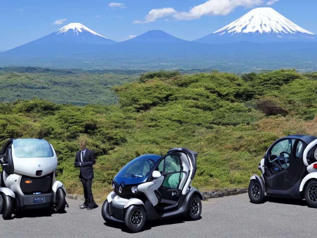 Prompt: Renault Twizy parked at a scenic viewpoint with mount Fuji in the background, manga visual