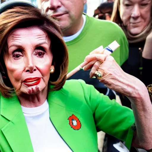 Prompt: Nancy Pelosi smoking a joint and wearing a tshirt with a marijuana leaf on the tshirt